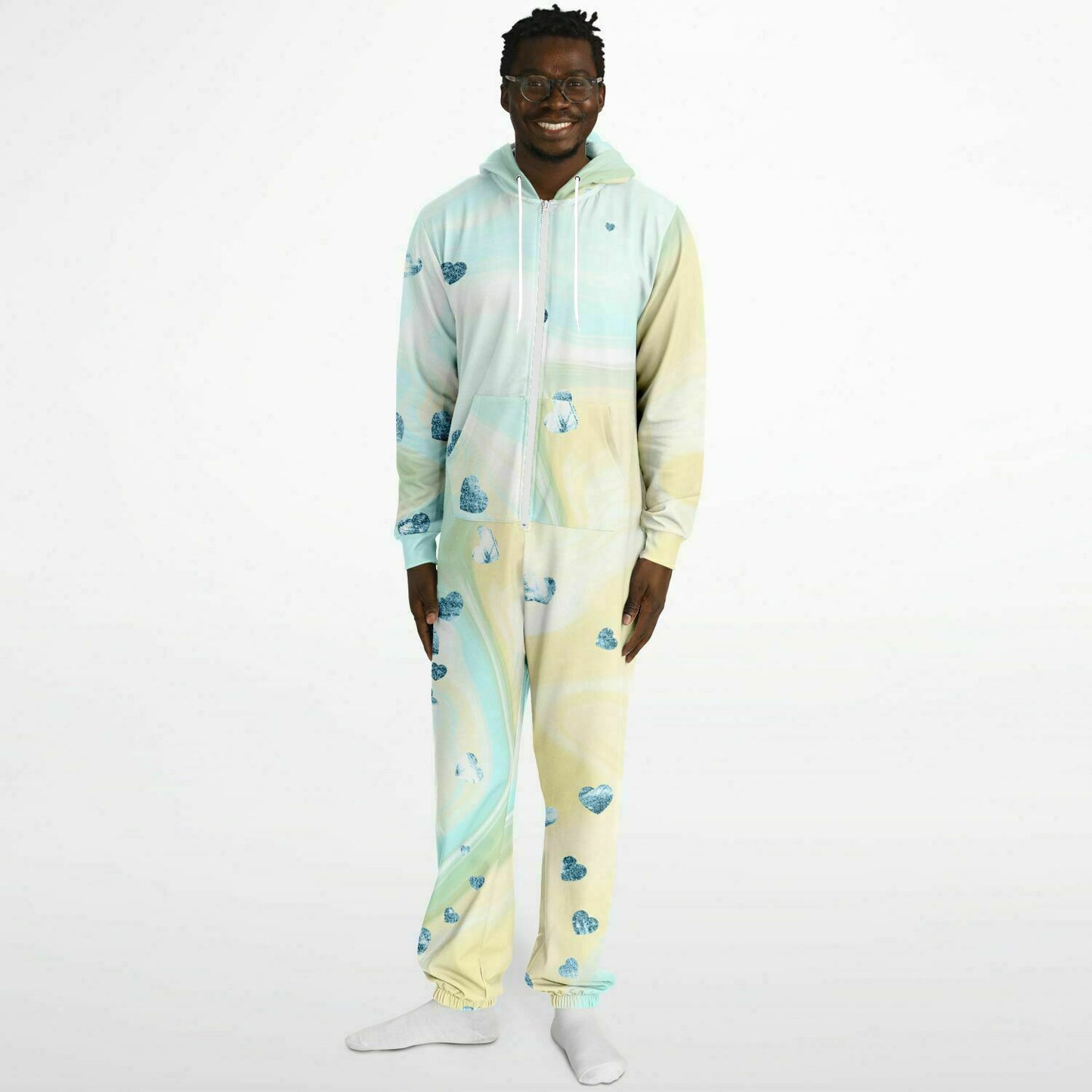 Hand-Made Be Mine Fashion Jumpsuit - Tie Dye 'N Glitter Hearts Print | Matching Dog Hoodie Available