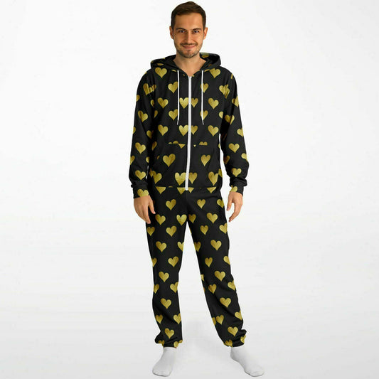 Hand-Made Be Mine Fashion Jumpsuit - Golden Hearts | Matching Dog Hoodie Available